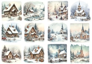Papier klasyczny A4 do decoupage - widok zimowy, pejzaż, domy, kościoły, zima