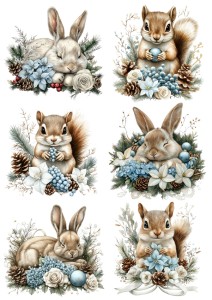 Papier klasyczny A4 do decoupage - zwierzęta, zające, wiewiórki, kwiaty, szyszki, stroiki