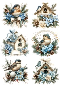 Papier klasyczny A4 do decoupage - ptaki, ptaszki, budki, kwiaty, szyszki, stroiki