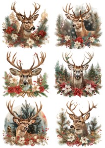 Papier klasyczny A4 do decoupage - jelenie, kwiaty, poinsecja, zima
