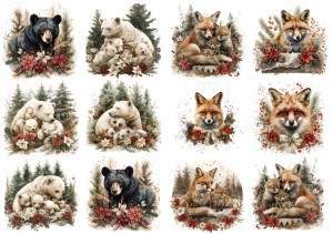 Papier klasyczny A4 do decoupage - niedźwiedzie, lisy, kwiaty, poinsecja, las, zima
