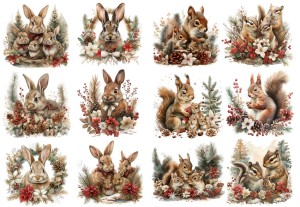 Papier klasyczny A4 do decoupage - zwierzęta, zające, wiewiórki, kwiaty, szyszki, zima