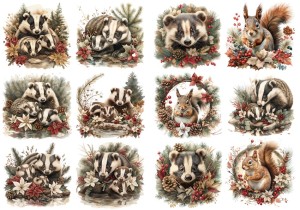 Papier klasyczny A4 do decoupage - zwierzęta, borsuki, wiewiórki, kwiaty, szyszki, zima