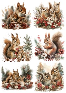 Papier klasyczny A4 do decoupage - zwierzęta, wiewiórki, kwiaty, szyszki, zima