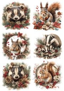 Papier klasyczny A4 do decoupage - zwierzęta, borsuki, wiewiórki, kwiaty, szyszki, zima
