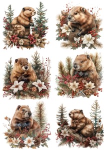 Papier klasyczny A4 do decoupage - zwierzęta, bobry, kwiaty, szyszki, zima