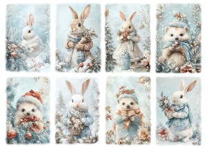 Papier klasyczny A4 do decoupage - zające, jeże, zima, mróz, szron