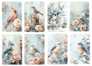 Papier klasyczny A4 do decoupage - ptaki, kwiaty, zima, mróz, szron