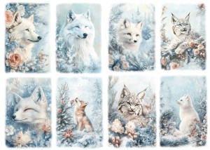 Papier klasyczny A4 do decoupage - wilki, lisy, rysie, kwiaty, zima, mróz, szron