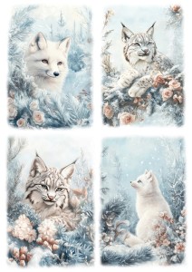 Papier klasyczny A4 do decoupage - lisy, rysie, kwiaty, zima, mróz, szron