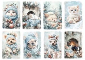 Papier klasyczny A4 do decoupage - koty, pieski, kwiaty, zima, mróz, szron
