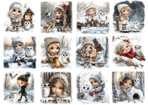Papier klasyczny A4 do decoupage - dzieci, dziewczynki, ptaki, sowy, zima