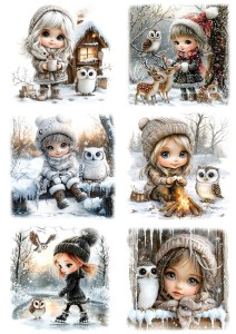 Papier klasyczny A4 do decoupage - dzieci, dziewczynki, ptaki, sowy, zima