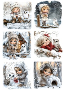 Papier klasyczny A4 do decoupage - dzieci, dziewczynki, ptaki, sowy, zima
