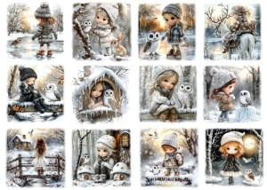 Papier klasyczny A4 do decoupage - dzieci, dziewczynki, ptaki, sowy, zima