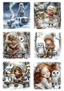 Papier klasyczny A4 do decoupage - dzieci, dziewczynki, ptaki, sowy, zima