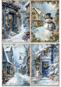 Papier klasyczny A4 do decoupage - widok zimowy, pejzaż, miasteczko, bałwan