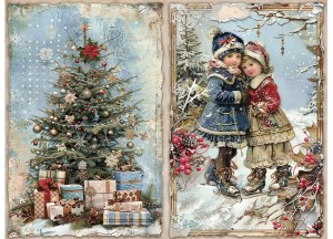 Papier klasyczny A4 do decoupage - widok zimowy, pejzaż, dzieci, choinka