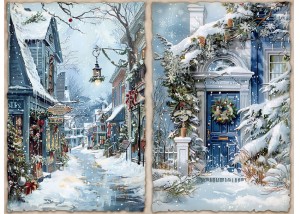 Papier klasyczny A4 do decoupage - widok zimowy, pejzaż, miasteczko, bałwan