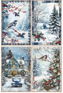 Papier klasyczny A4 do decoupage - widok zimowy, pejzaż, domy, ptaki, ostrokrzew