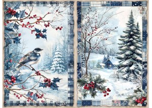 Papier klasyczny A4 do decoupage - widok zimowy, pejzaż, domy, ptaki, ostrokrzew