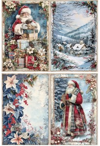 Papier klasyczny A4 do decoupage - widok zimowy, pejzaż, domy, Mikołaj, ostrokrzew