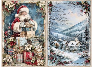 Papier klasyczny A4 do decoupage - widok zimowy, pejzaż, domy, Mikołaj, ostrokrzew