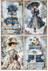 Papier klasyczny A4 do decoupage - widok zimowy, pejzaż, kobiety, prezenty