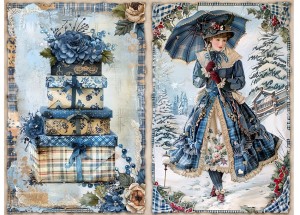 Papier klasyczny A4 do decoupage - widok zimowy, pejzaż, kobieta, prezenty