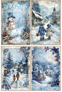 Papier klasyczny A4 do decoupage - widok zimowy, pejzaż, dzieci, bałwan