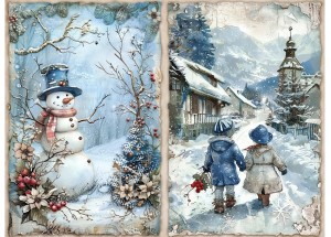Papier klasyczny A4 do decoupage - widok zimowy, pejzaż, dzieci, bałwan