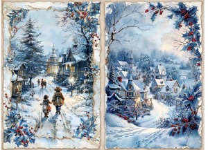 Papier klasyczny A4 do decoupage - widok zimowy, pejzaż, miasteczko, dzieci, ostrokrzew