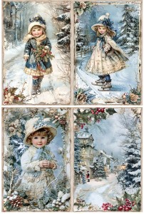 Papier klasyczny A4 do decoupage - widok zimowy, pejzaż, miasteczko, dzieci, ostrokrzew