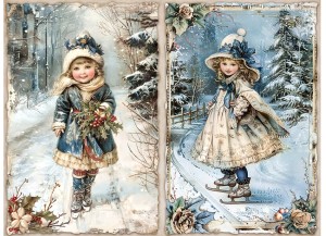 Papier klasyczny A4 do decoupage - widok zimowy, pejzaż, dzieci