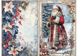 Papier klasyczny A4 do decoupage - widok zimowy, pejzaż, Mikołaj, ostrokrzew