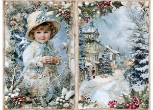 Papier klasyczny A4 do decoupage - widok zimowy, pejzaż, dziecko, miasteczko, ostrokrzew