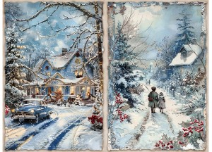 Papier klasyczny A4 do decoupage - widok zimowy, pejzaż, domki, ostrokrzew