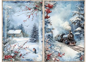Papier klasyczny A4 do decoupage - widok zimowy, pejzaż, ptak, pociąg