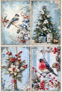 Papier klasyczny A4 do decoupage - ptaki, choinka, kwiaty, ostrokrzew, zima