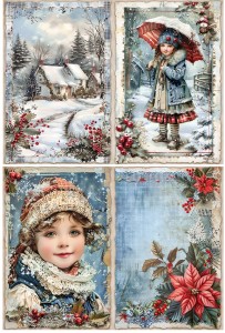 Papier klasyczny A4 do decoupage - widok, dzieci, domki, kwiaty, ostrokrzew, zima