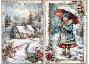 Papier klasyczny A4 do decoupage - widok, dziecko, domki, ostrokrzew, zima