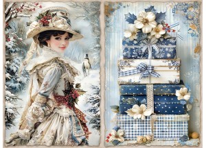 Papier klasyczny A4 do decoupage - widok zimowy, pejzaż, kobieta, prezenty