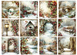 Papier klasyczny A4 do decoupage - widok zimowy, pejzaż, ptaki, ostrokrzew