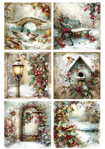 Papier klasyczny A4 do decoupage - widok zimowy, pejzaż, ptaki, ostrokrzew