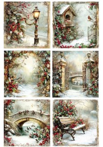 Papier klasyczny A4 do decoupage - widok zimowy, pejzaż, ptaki, ostrokrzew