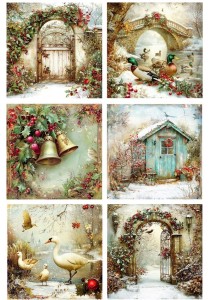 Papier klasyczny A4 do decoupage - widok zimowy, pejzaż, ptaki, ostrokrzew