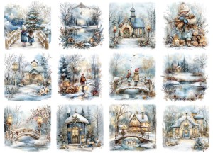 Papier klasyczny A4 do decoupage - widok zimowy, pejzaż, dzieci, domy, staw