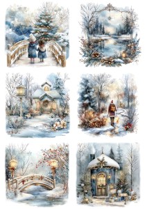 Papier klasyczny A4 do decoupage - widok zimowy, pejzaż, dzieci, domy, staw