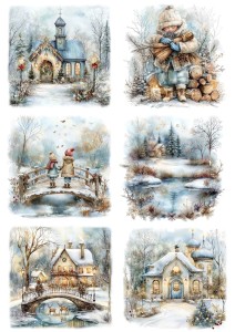 Papier klasyczny A4 do decoupage - widok zimowy, pejzaż, dzieci, domy, staw