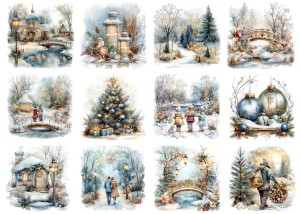 Papier klasyczny A4 do decoupage - widok zimowy, pejzaż, dzieci, domy, staw
